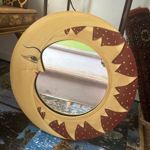 Vintage Whimsical Celestial Sun Moon Crescent Face Wall Mirror 15.5" - Picture 10 of 16